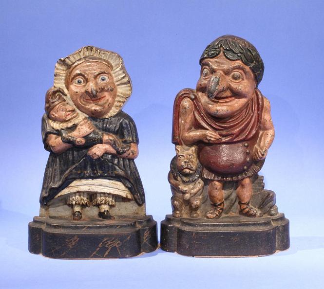 Pair of Painted Cast Iron "Punch and Judy'' Doorstops