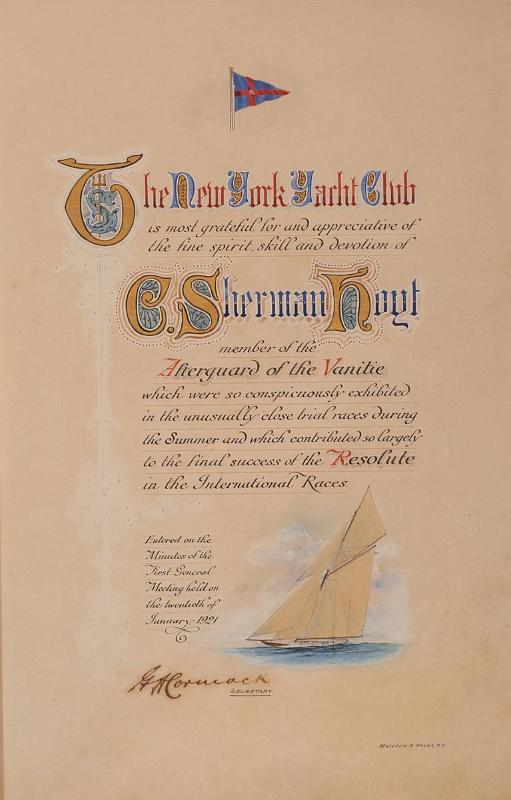 Illuminated Certificate from NYYC to Sherman Hoyt as a Member of the Afterguard of "Vanitie"
