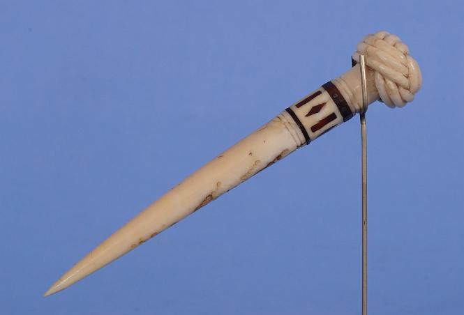 LARGE WHALE IVORY BODKIN with MONKEY FIST TOP, Mid-19th 