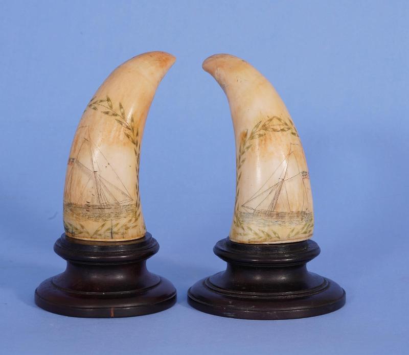 PAIR OF POLYCHROME SCRIMSHAW WHALE'S TEETH DEPICTING SAILING YACHTS