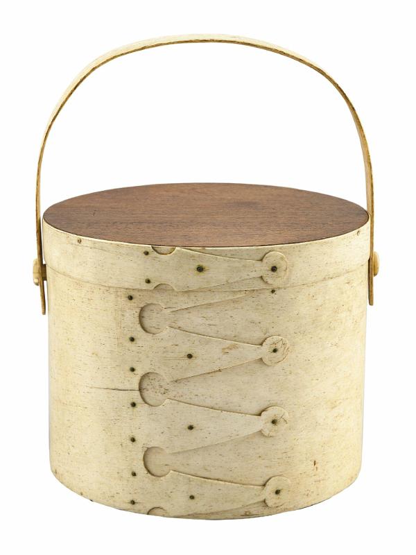 Swing Handled Covered, Rare and Large Whalebone, Whale Ivory and Mahogany Bonnet Box with "Lollipop Carved Fingers.