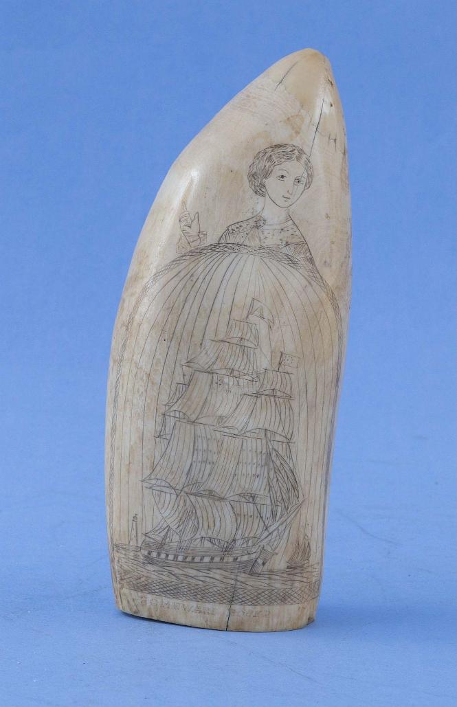 Scrimshaw Whale Tooth, titled "Homeward Bound", American, circa 1870