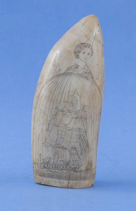 Scrimshaw Whale Tooth, titled "Homeward Bound", American, circa 1870
