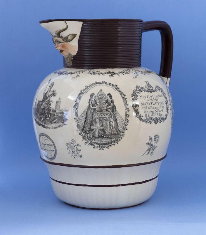 Monumental Liverpool Jug Celebrating Ireland with American Motifs circa 1800