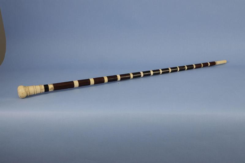 Whale Ivory and Wood Sectioned Cane with Rare Scrimshaw Decoration Around a Few Ivory Sections, American Mid Nineteenth Century.