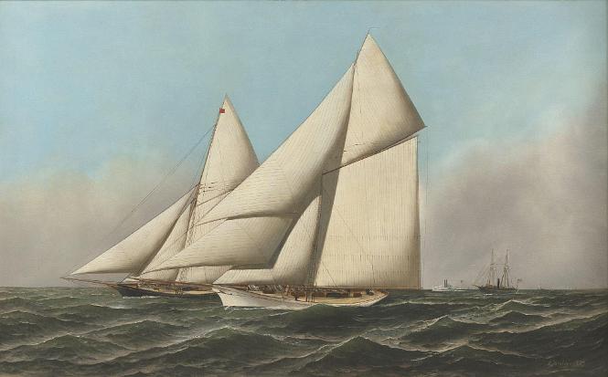 Oil on Canvas Depicting The 1887 America's Cup with Volunteer Vs. Thistle, Signed A. Jacobsen and dated 1887