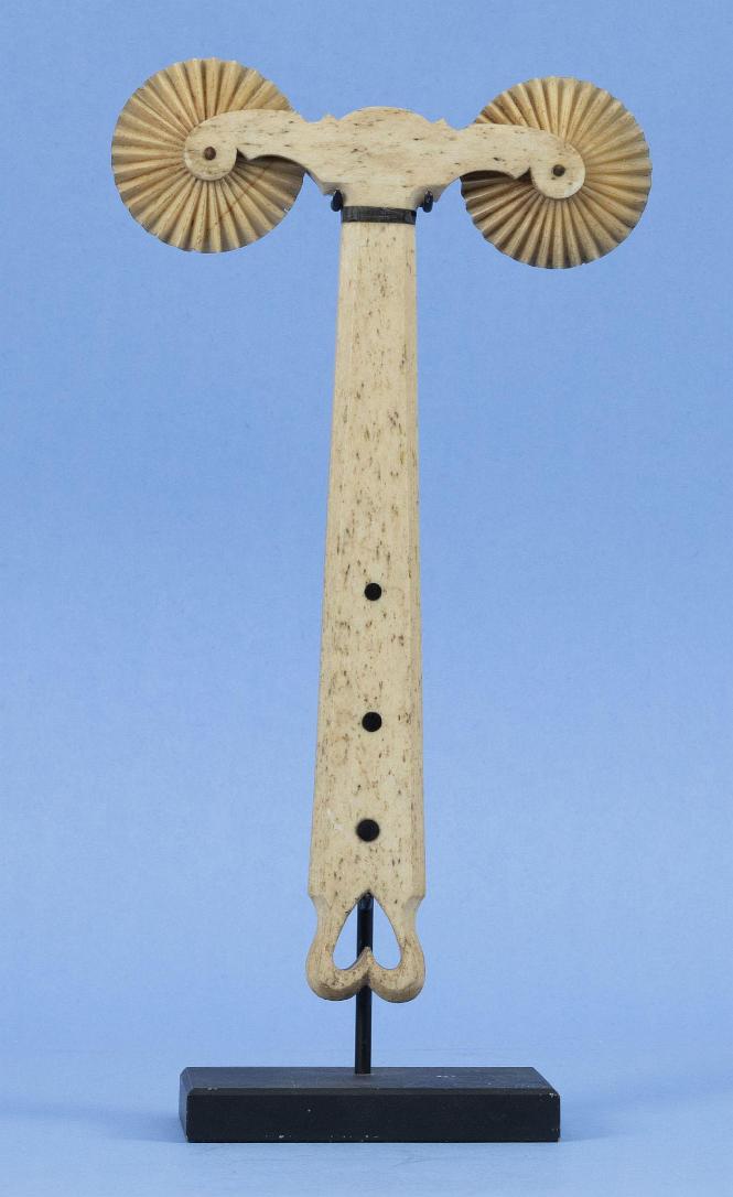 Large Whale Bone Pie Crimper with Pierced Hart Handle and matching Double Whale Ivory Wheels, American Mid -19th Century.