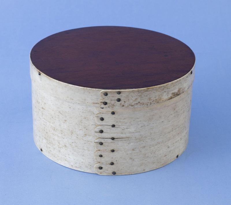 Round Scrimshaw Whalebone Ditty Box with Figured Wood Top and "Hart" Finger Joints, American Mid 19th Century