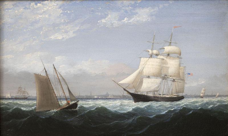 Oil on canvas "Ship in Boston Harbor taking on a Pilot" by F.H. Lane