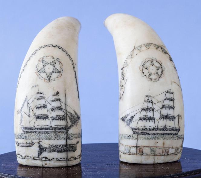 Pair of Polychrome Whales Teeth with Ships and Whaling Scene