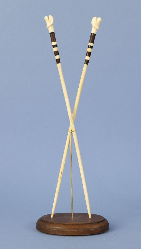 Par of Whale ivory and Whalebone Knitting Needles with Hart Shaped Ends, American Mid 19th Century