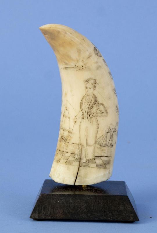 Scrimshaw Engraved Whales Tooth Depicting a Young American Sailor, Attributed to the Albro Brothers, Circa 1850