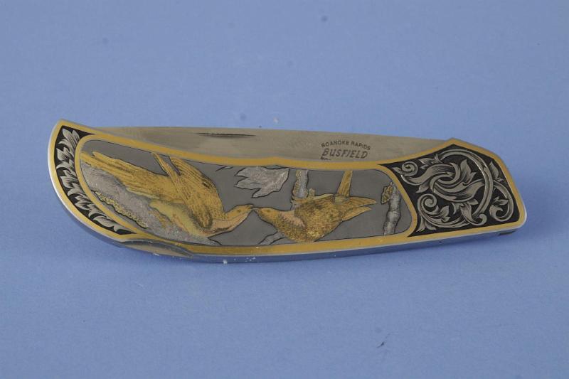 Custom Folding Knife by Frank Busfield with Finely Engraved Birds and Gold Inlay