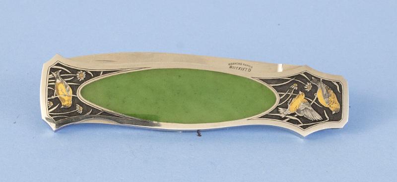 Custom Folding Knife by Jack Busfield With Jade Inlaid Grips Finely Engraved with Gold Inlaid Birds