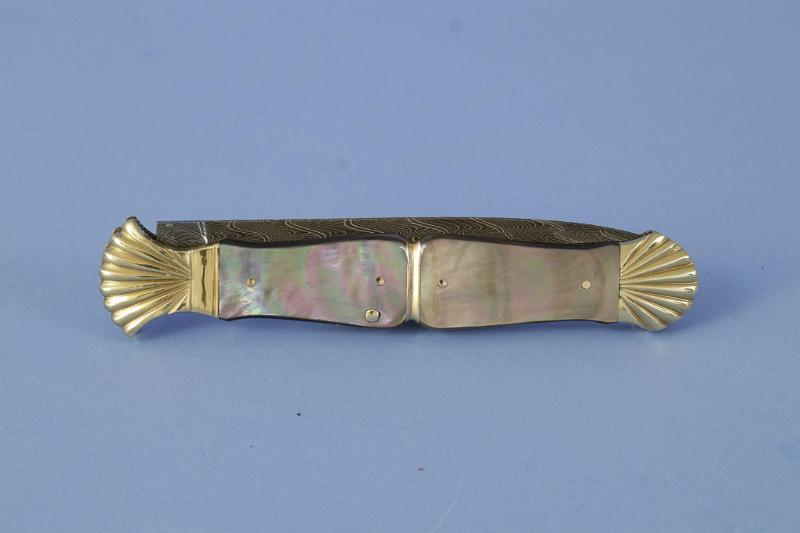 Automatic Folding Knife by Ken Steigerwalt with Gold Bolsters and Black Lip Pearl Gripes