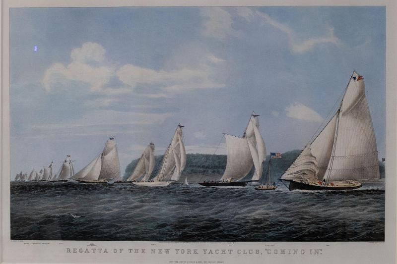 Hand colored Lithograph,Regatta of the New York Yacht Club "Coming In" by Currier & Ives