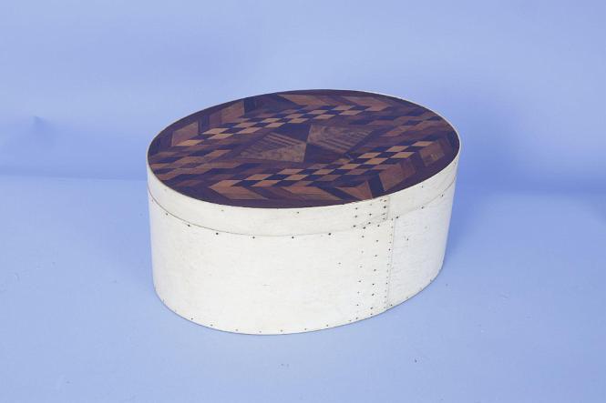 Exceptional Large Oval Whale Bone Ditty Box with Intricate Marquetry Top, American Mid-19th Century