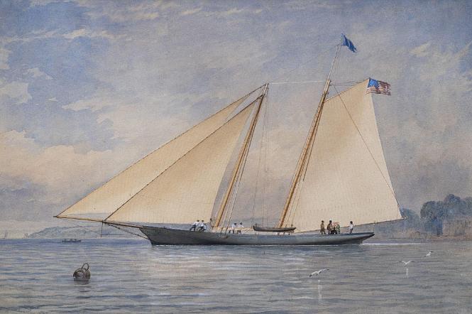 Watercolor of Yacht "America" by T.S. Robins painted in 1851