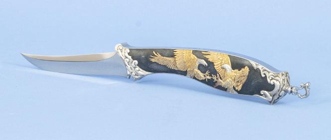 Gold and Silver Knife titled With Deep Relief Gold and silver Inlay Titles "Heaven" By Alex Gev