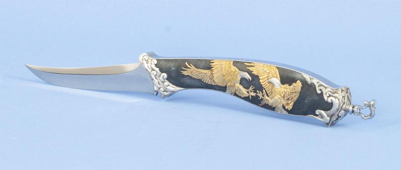 Gold and Silver Knife titled With Deep Relief Gold and silver Inlay Titles "Heaven" By Alex Gev