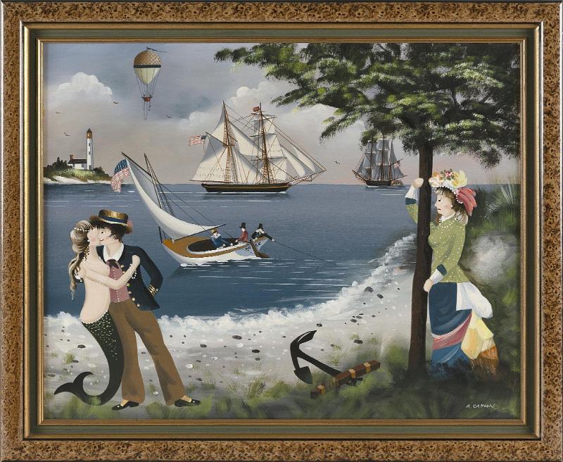 "Young Love" oil on Masonite signed Ralph Cahoon, American circa 1965