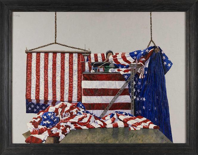 Oil On Board "Making the Flag" signed and dated  "Ernie Henfeld 1973"