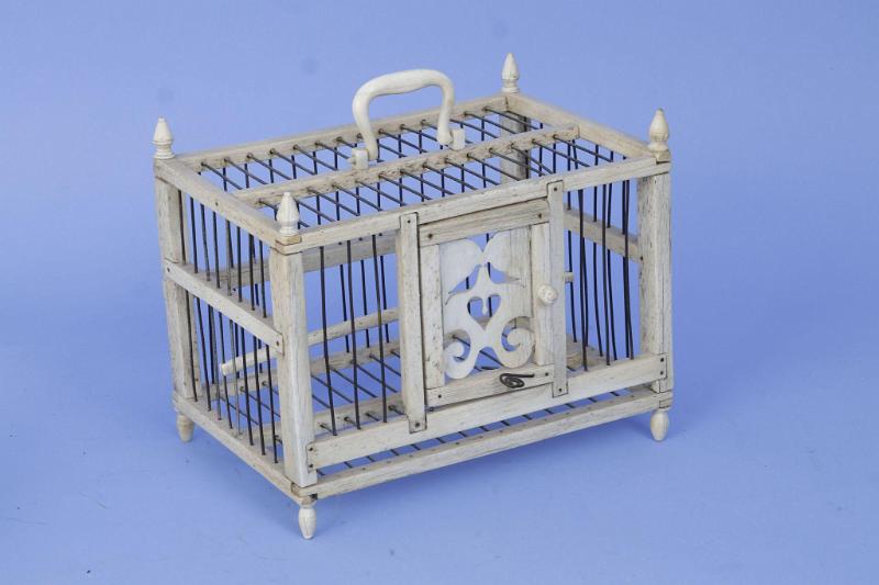 Fine Small Scrimshaw Whalebone Birdcage With Hart and Swing Handle, American 19th Century