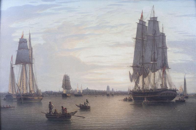 Oil on Canvas "Depiction of Boston Harbor at Sunset with Ships Becalmed and a Panoramic View of shipping in Boston and the Boston Skyline.