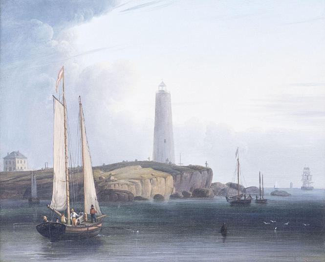 Oil on canvas signed Salmon lower right and titled "Boston Light.", American circa 1840