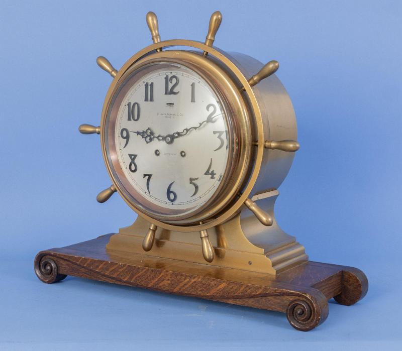 Possibly Unique Chelsea Ship Wheel Clock with 8 Inch Dial and Time & Strike on Scroll Carved Oak Base, Movement and base have matching numbers #01828