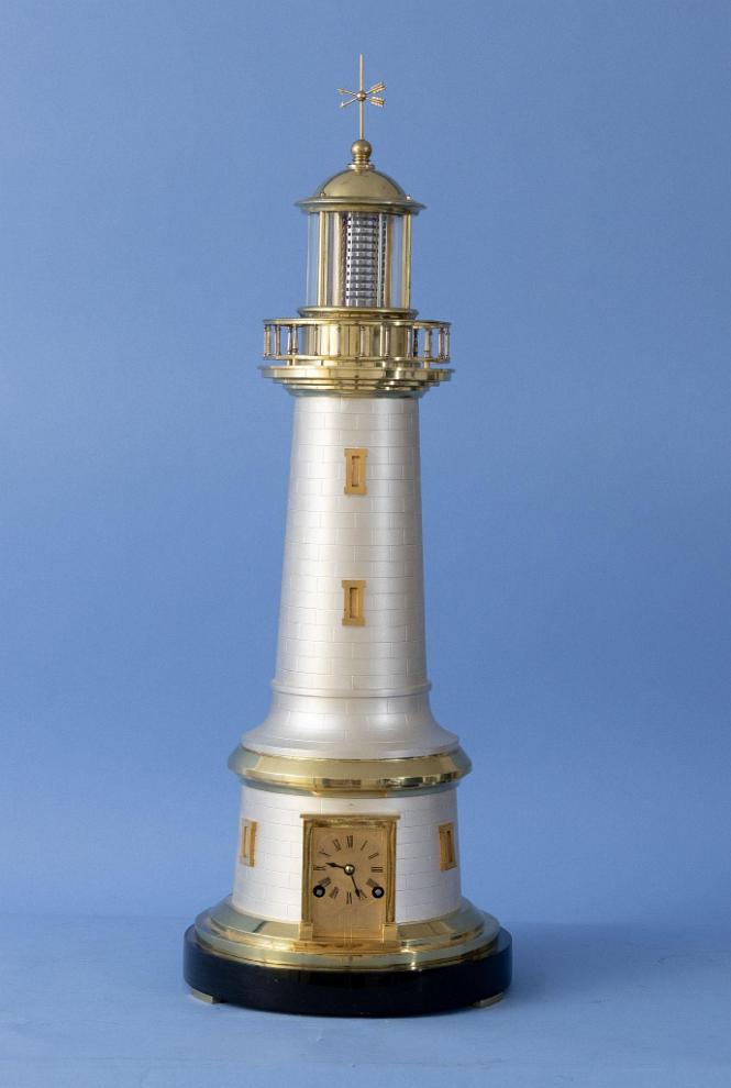 Rare Lighthouse Clock by Guilmet with Eight Day Striking and Rotating Lens Room Clock with Silver and Gold Finish, French Circa 1890.