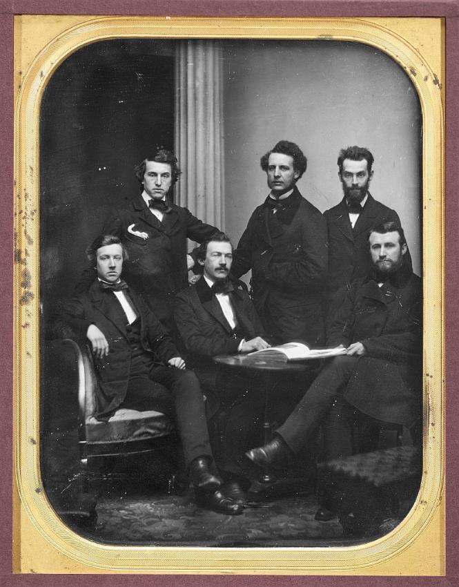 Uncased Full Plate Daguerretype of Six Men Posed Around Illustrated Book by Southworth & Hawes, American circa 1850