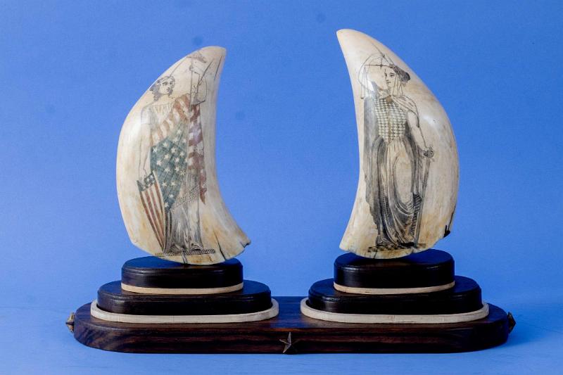 Exceptional and Large Polychrome Scrimshaw Whales Teeth Depicting "Liberty & Justice", American, circa 1850