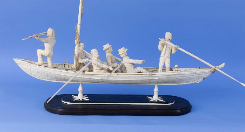 Whale Bone Model of a Crewed Whale Boat, probably American, late 19th/early 20th century
WHALEBONE MODEL OF A MANNED WHALE BOAT with Plank-on-Frame Construction. and Highly Detailed Whaleman.