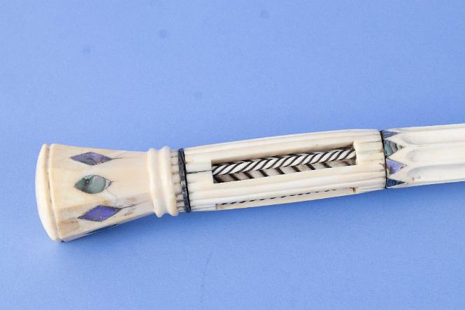 Exceptional whale ivory and narwhal architectural cane, circa 1850