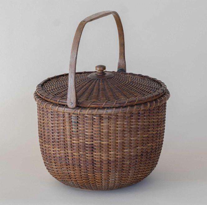 Antiques Nantucket Basket with Lid, Signed on Bottom in Ink A.D. Williams, Nantucket circa 1900.
