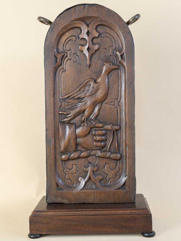 Rare Carved Gangway Board with a Carved Falcon and Falconer from an American Yacht circa 1880.