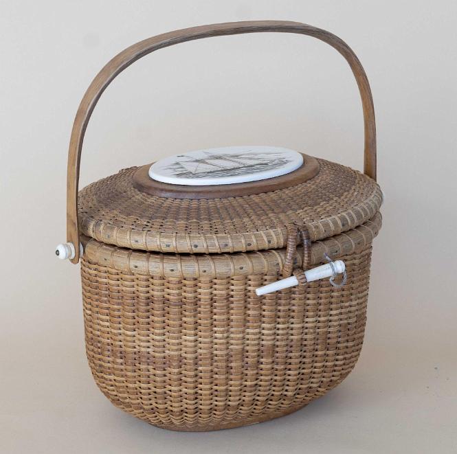 Nantucket basket signed "Michael Kane 1975" With a Scrimshaw Ivory Plaque Depicting Yacht America of Yacht America and Initialed "R.S."