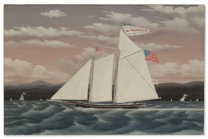 Oil on Canvas signed "DRAWN & PAINTED by Jas BARD NY 1868" of the Hudson River Schooner "A.G. Lawson"