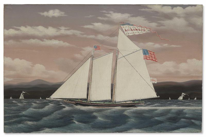 Oil on Canvas signed "DRAWN & PAINTED by Jas BARD NY 1868" of the Hudson River Schooner "A.G. Lawson"
