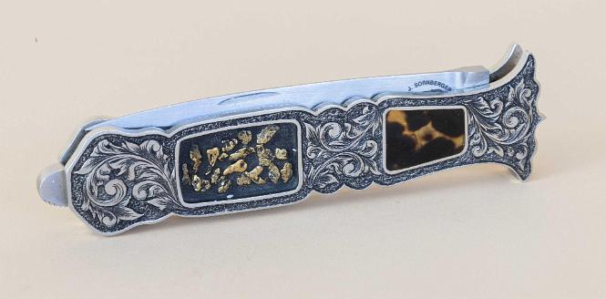 Jim Sornberger Custom Knife Sole Authorship Engraved Antique Silver Folding Tail Lock Dagger with Gold Nugget Inlays