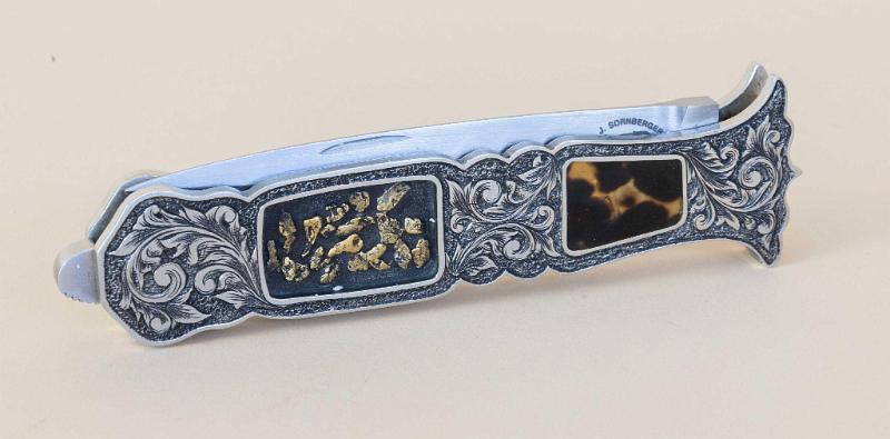 Jim Sornberger Custom Knife Sole Authorship Engraved Antique Silver Folding Tail Lock Dagger with Gold Nugget Inlays
