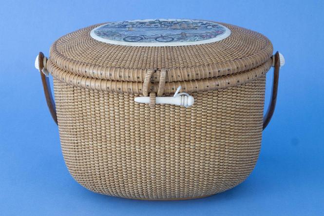 Oval Nantucket basket with ivory Top with Polychrome Scrimshaw Nantucket Harbor Scene