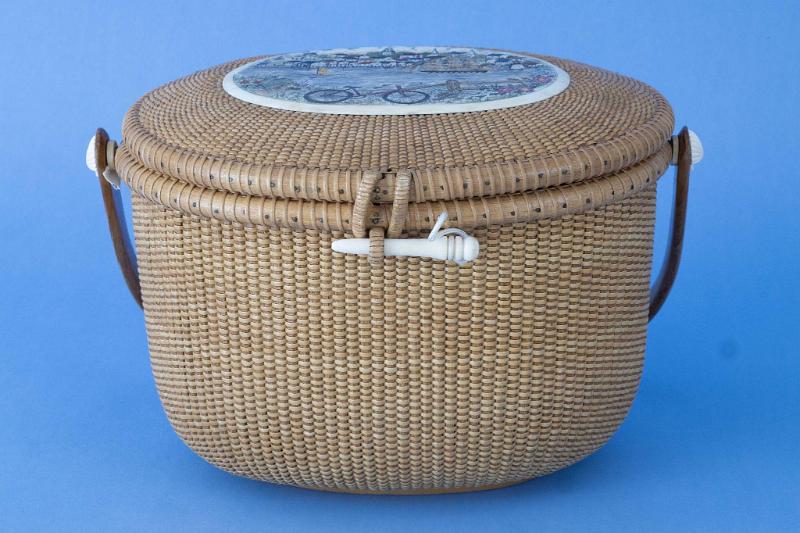 Oval Nantucket basket with ivory Top with Polychrome Scrimshaw Nantucket Harbor Scene