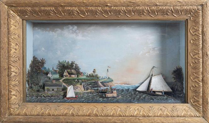 Shadow Box of an American Harbor with Several Vessels and American Flags, circa 1880