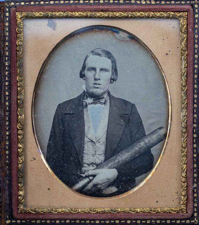 Sixth Plate Daguerreotype of a Formerly Dressed Sea Captain Holding a Large Telescope