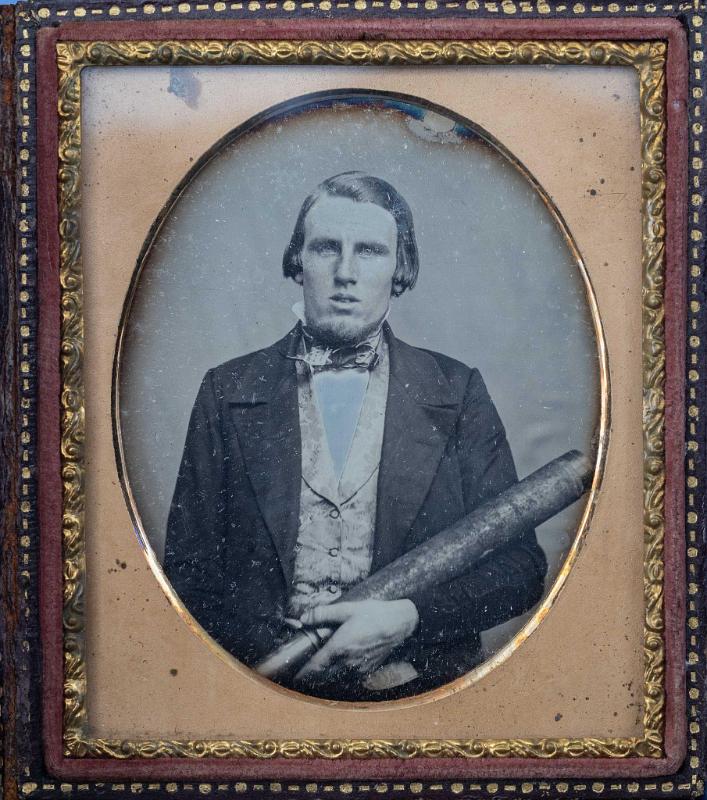 Sixth Plate Daguerreotype of a Formerly Dressed Sea Captain Holding a Large Telescope