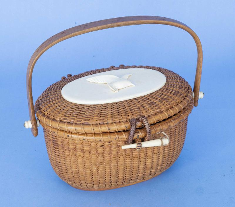 Rare Vintage Nantucket Cocktail Purse with Ivory Top and Gull Carving, Nantucket signed and dated 1967.