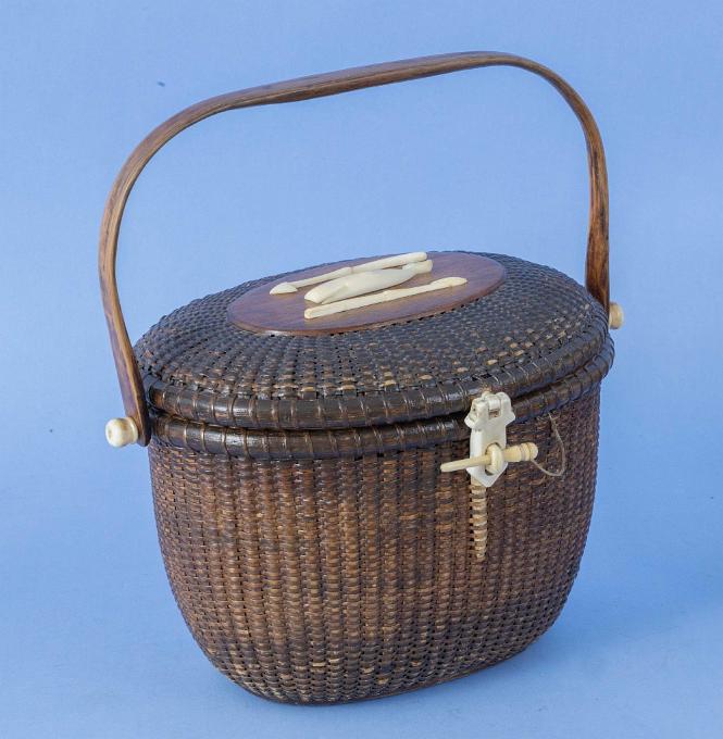 Exceptional Nantucket Purse With Ivory Whale and Two Harpoon Decoration on Top, circa 1970