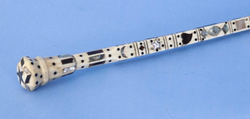 Exceptionally Inlaid and Dated Scrimshaw Cane with Date 1837 Engraved on Gold Bar,
 American 1837